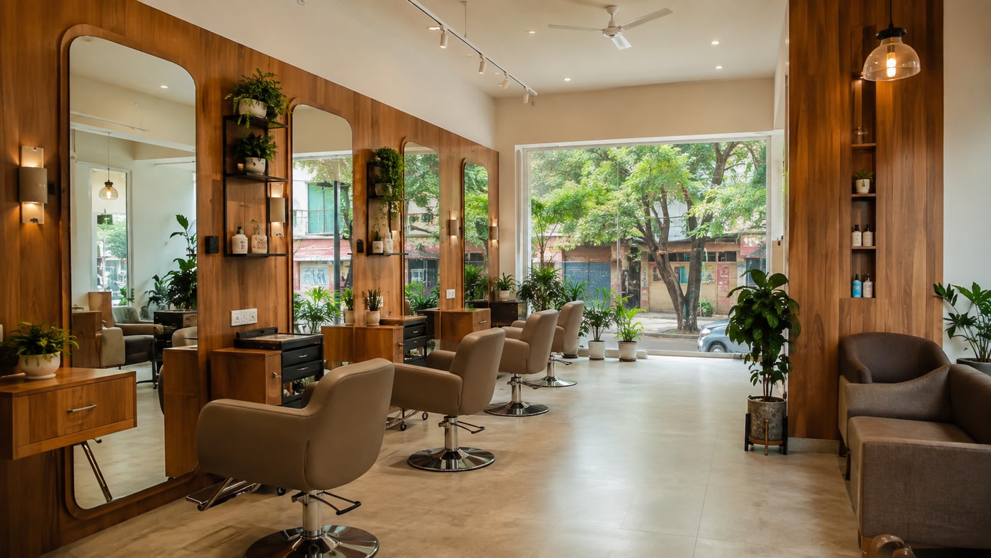 Premium naturally lit salon interior with mirrors and warm wood finishes