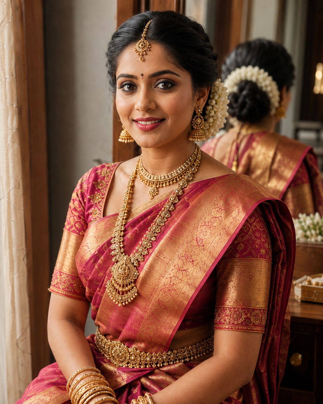 Bride with refined hair and makeup in natural window light