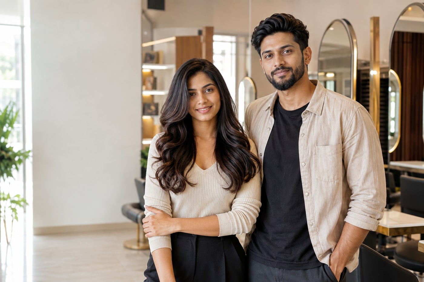 Woman and man with fresh salon styling in a naturally lit salon