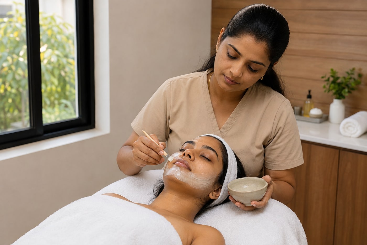 Woman receiving a hygienic facial service in natural daylight