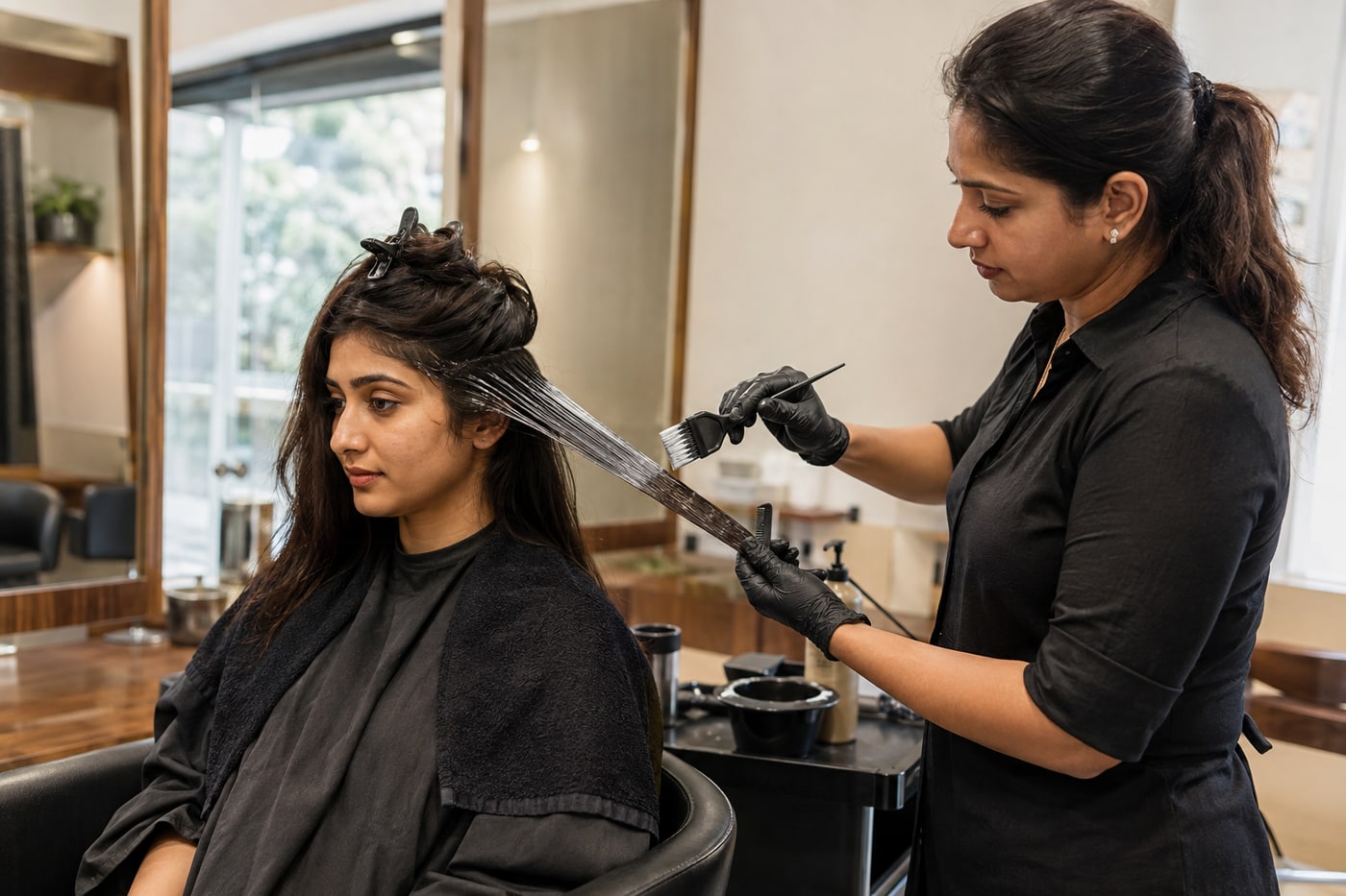 Client receiving a professional smoothing hair treatment in natural daylight